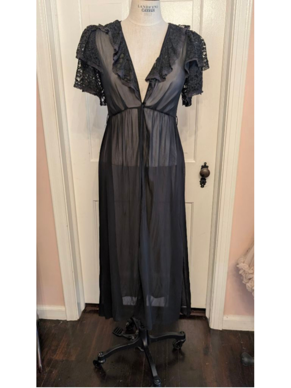 vintage 70s Lingerie by Blanche Black Sheer Lace trimmed duster